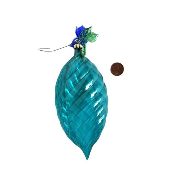Teal Ribbed Glass Teardrop Ornament With Glass Leaves Germany - Picture 3 of 5